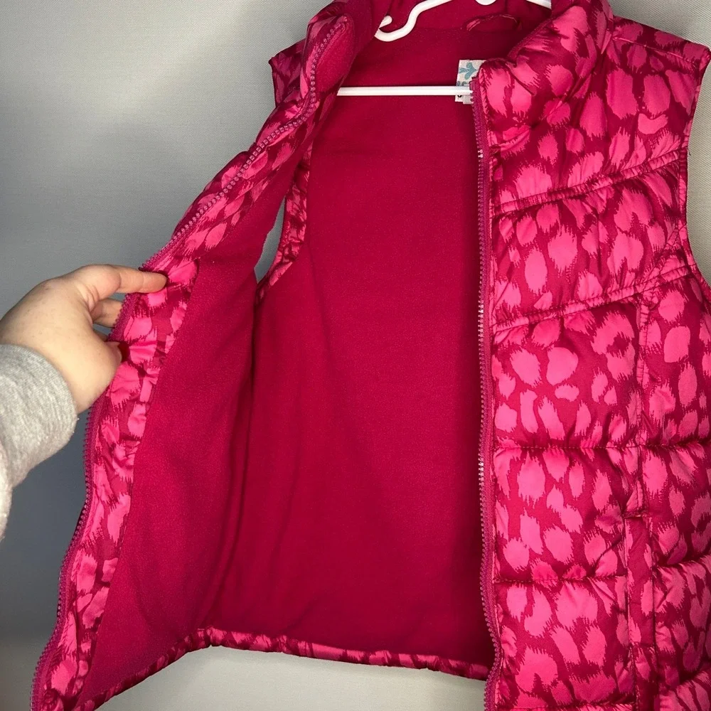 Old Navy Girls XL 14 Cheetah Pink Puffer Vest Fleece Lined Full Zip Quilted Fall